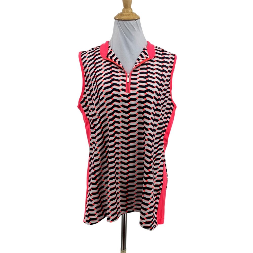 Tail Polo Top Womens XL Neon Coral White Sleeveless Printed Stretch 1/4 Zip Golf